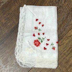 Vintage Embroidered Roses Valentine Handkerchief Lace Trimmed from Switzerland
